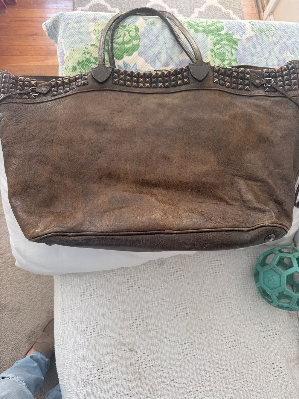 Studded Brown Leather Tote Bag -